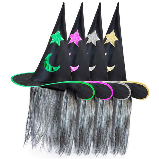 Decorated Witch Hat With Hair 4 Colors Ass.