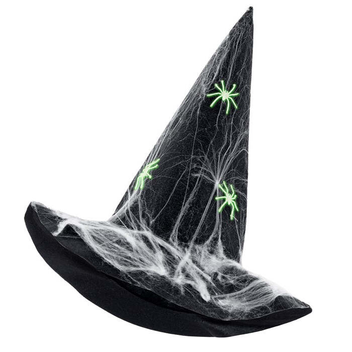 Deluxe Felt Witch Hat With Spiderweb & Glow In The Dark Spiders