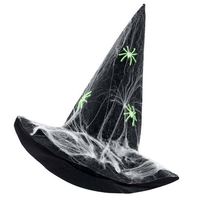 Deluxe Felt Witch Hat With Spiderweb & Glow In The Dark Spiders