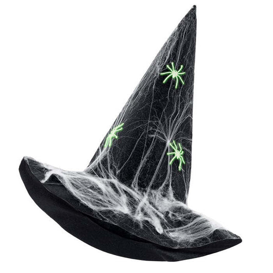 Deluxe Felt Witch Hat With Spiderweb & Glow In The Dark Spiders