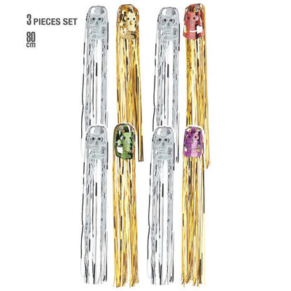 Set Of 3 3D G.I.D. Metallic Hanging Skullswith Tinsel Hair 80 Cm