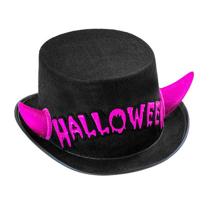 Top Hat Halloween Felt With Pink Reflective Horns 11 Cm 