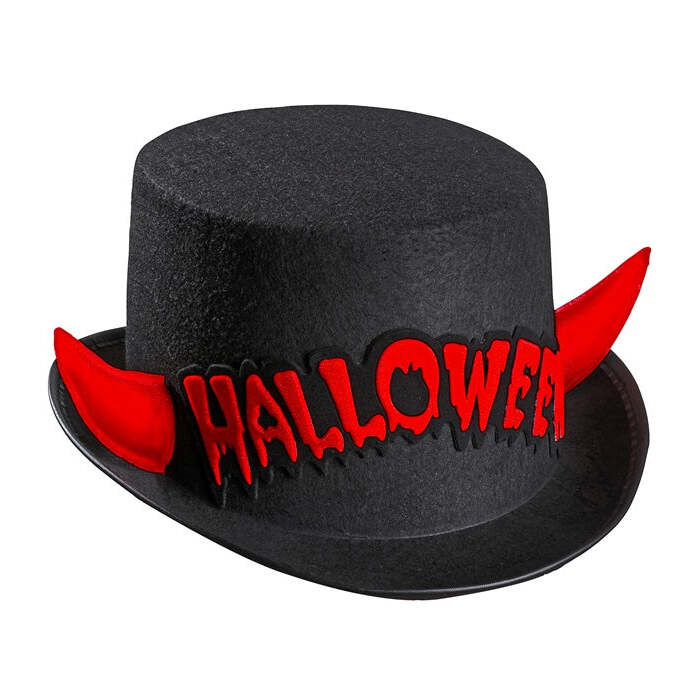 Top Hat Halloween  Felt With Red Reflective Horns 11 Cm