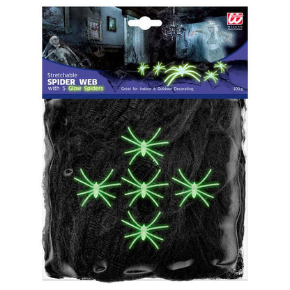 100 G Black Spiderweb With 5 Glow In The Dark Spiders