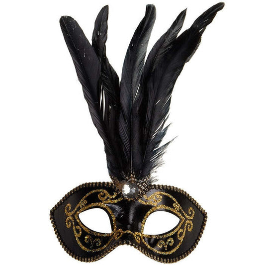 Gold  Black Eyemask With Gem & Feathers