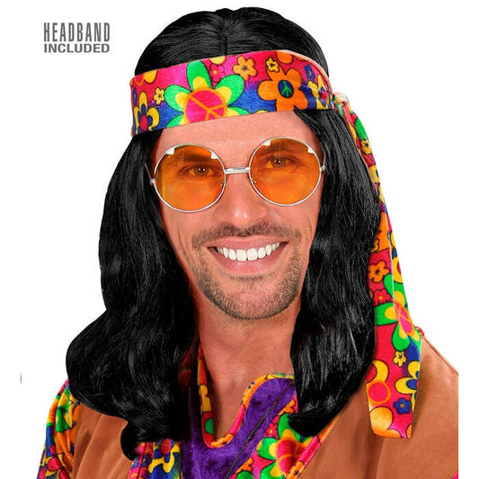“Hippie Dude Wig With Headband” Black - In Polybag