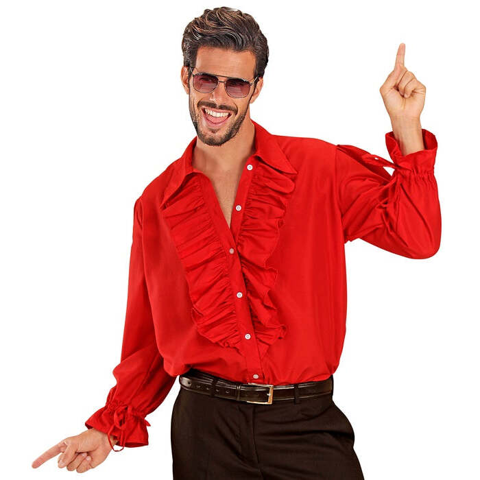 Red Ruffle Shirt For Medieval, Renaissance, Colonial, Gothic, Flamenco, Pirate, Vampire, Disco