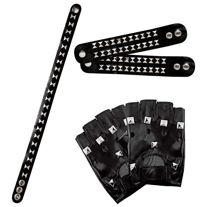 Biker / Rocker Set: Pair Of Studded Gloves - 2 Studded Bracelets  2 Rows  - Studded Choker Leatherlook