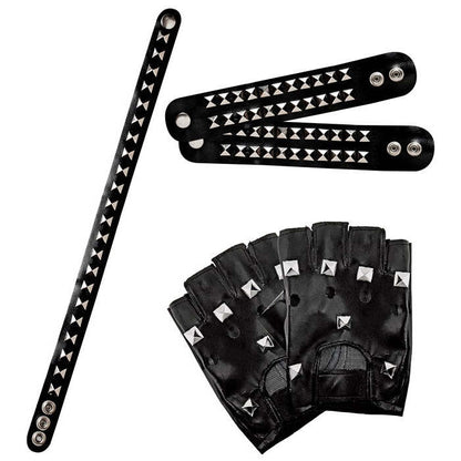 Biker / Rocker Set: Pair Of Studded Gloves - 2 Studded Bracelets  2 Rows  - Studded Choker Leatherlook