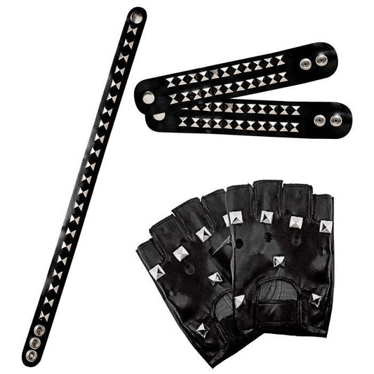 Biker / Rocker Set: Pair Of Studded Gloves - 2 Studded Bracelets  2 Rows  - Studded Choker Leatherlook