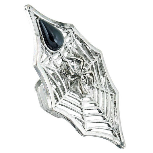 Gothic Spider & Spiderweb Ring With Black Gem