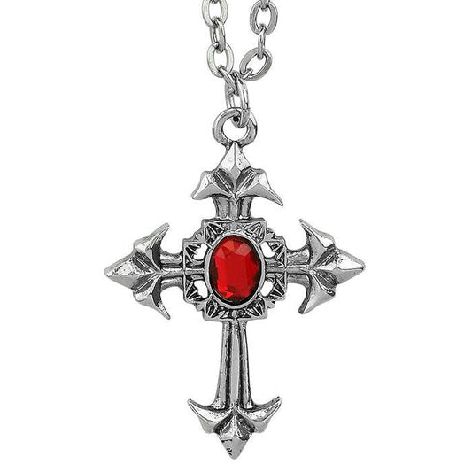 Gothic Cross Necklace With Red Gem