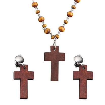Wooden Rosary & Cross Earrings Set