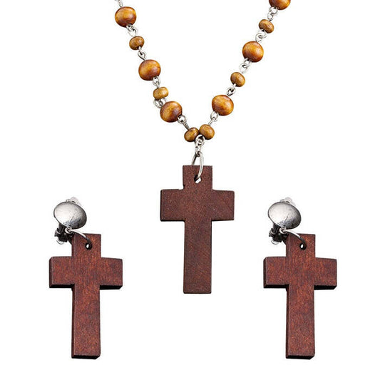 Wooden Rosary & Cross Earrings Set