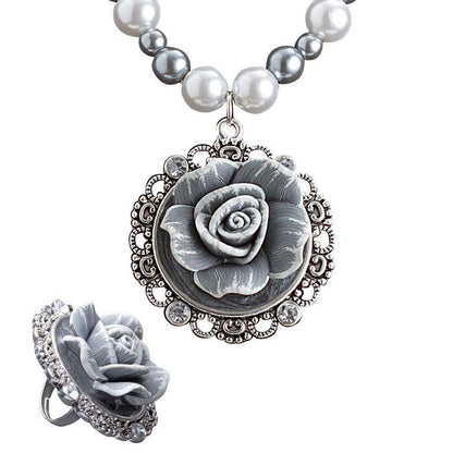 Baroque Pearls Necklace With Cameo Rose & Cameo Rose Ring With Strass Set