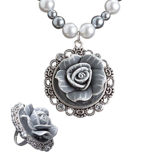 Baroque Pearls Necklace With Cameo Rose & Cameo Rose Ring With Strass Set