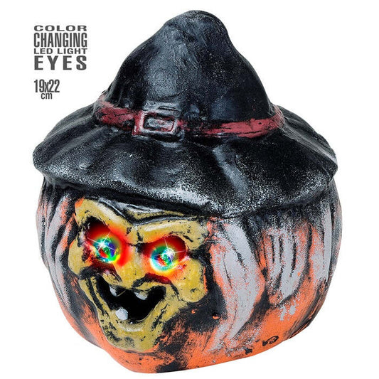 Witch Pumpkin With Hat & Color Changing Led Light Eyes 19X22 Cm