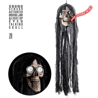 Talking Hooded Skull With Moving Jaw & Light Up Eyes Sound Sensor Activated - 70 Cm - Speaks 3 Different Rhymes