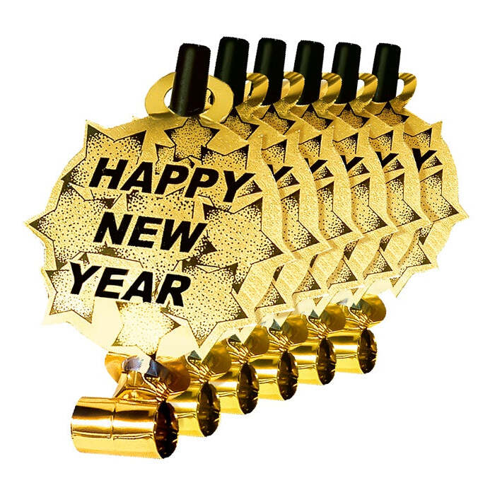 Set Of 6 Gold Happy New Year Sounding Blow-Outs
