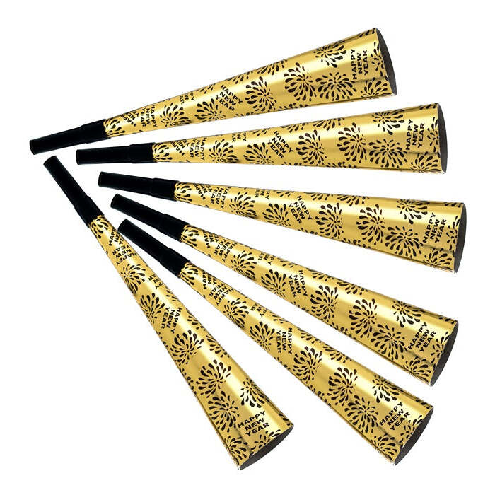 Set Of 6 Gold Happy New Year Sounding Trumpets 25 Cm