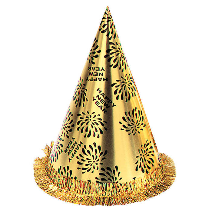 Gold Happy New Year Cone Hat Withfringe H 28 Cm