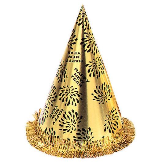 Gold Happy New Year Cone Hat Withfringe H 28 Cm