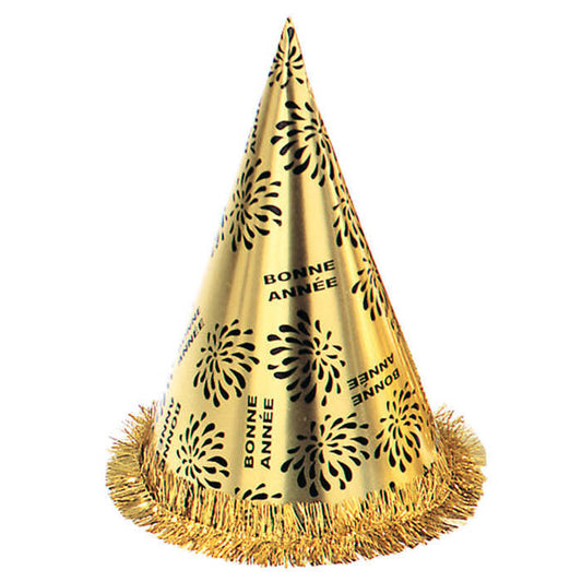 Gold Bonne Année Cone Hat With Fringe H 28 Cm