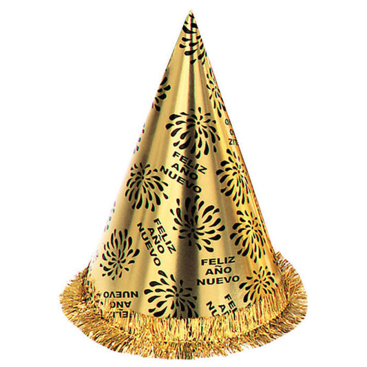 Gold Feliz Año Nuevo Cone Hat With Fringe H 28 Cm