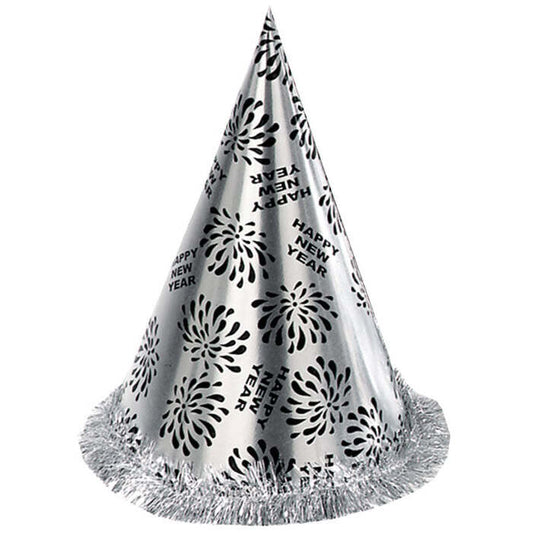 Silver Happy New Year Cone Hat With Fringe H 28 Cm