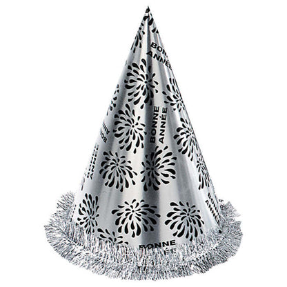 Silver Bonne Année Cone Hat With Fringe H 28 Cm