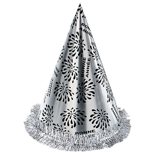 Silver Bonne Année Cone Hat With Fringe H 28 Cm