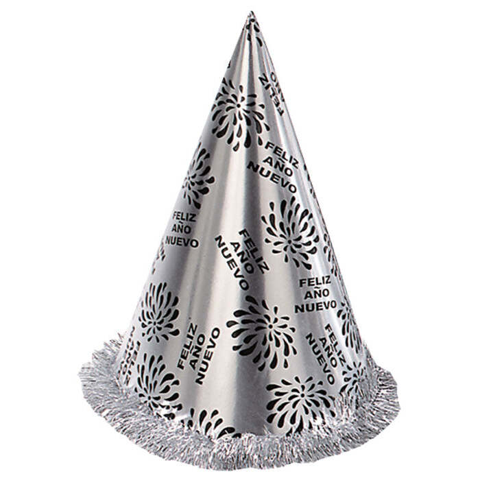 Silver Feliz Año Nuevo Cone Hat With Fringe H 28 Cm