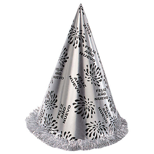Silver Feliz Año Nuevo Cone Hat With Fringe H 28 Cm