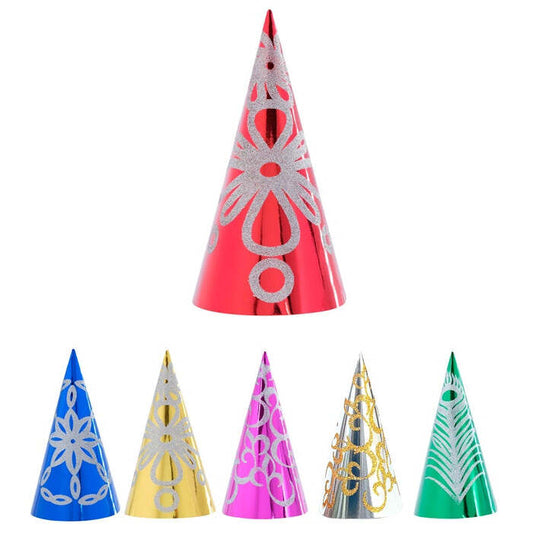  Decorated Metallic Cone Hat H 28 Cm - 4 Designs And 6 Colors Ass.
