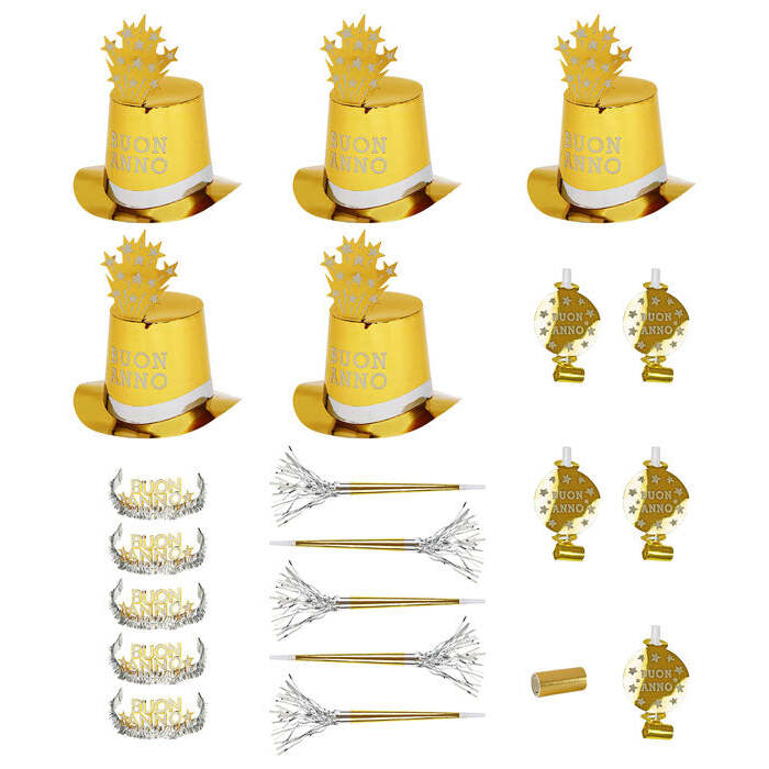 Gold Buon Anno Party Kit For 10 Persons  5 Top Hats, 5 Crowns, 5 Sounding Trumpets, 5 Sounding Blow-Outs, 1 Roll Of 10 Decorative Streamers 