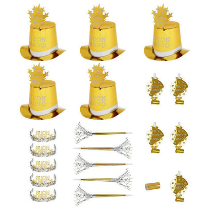 Gold Buon Anno Party Kit For 10 Persons  5 Top Hats, 5 Crowns, 5 Sounding Trumpets, 5 Sounding Blow-Outs, 1 Roll Of 10 Decorative Streamers 