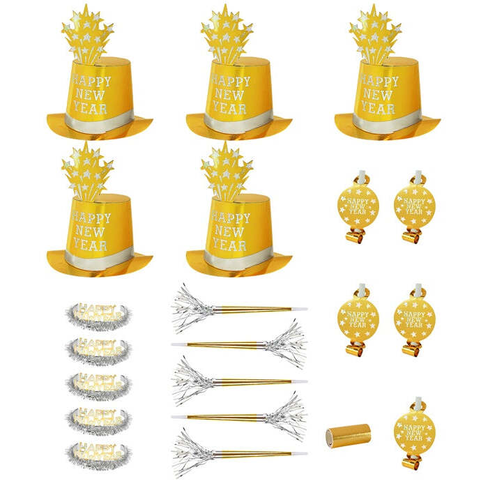 Gold Happy New Year Party Kit For 10 Persons  5 Top Hats, 5 Crowns,5 Sounding Trumpets, 5 Sounding Blow-Outs, 1 Roll Of 10 Decorative Streamers 