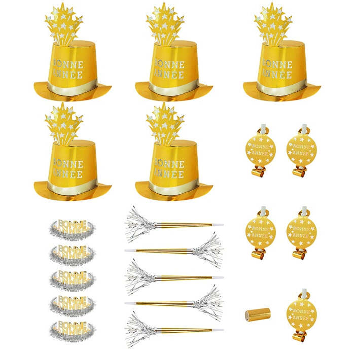 Gold Bonne Année Party Kit For 10 Persons  5 Top Hats, 5 Crowns, 5 Sounding Trumpets, 5 Sounding Blow-Outs, 1 Roll Of 10 Decorative Streamers 