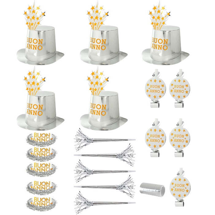 Silver Buon Anno Party Kit For 10 Persons  5 Top Hats, 5 Crowns, 5 Sounding Trumpets, 5 Sounding Blow-Outs, 1 Roll Of 10 Decorative Streamers 