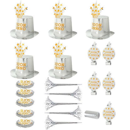 Silver Buon Anno Party Kit For 10 Persons  5 Top Hats, 5 Crowns, 5 Sounding Trumpets, 5 Sounding Blow-Outs, 1 Roll Of 10 Decorative Streamers 