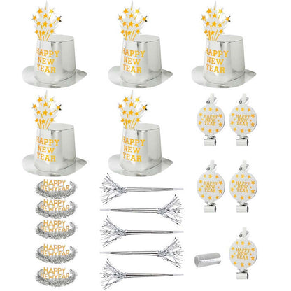 Silver Happy New Year Party Kit For 10 Persons  5 Top Hats, 5 Crowns, 5 Sounding Trumpets, 5 Sounding Blow-Outs, 1 Roll Of 10 Decorative Streamers 