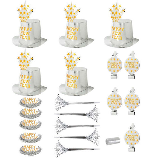 Silver Happy New Year Party Kit For 10 Persons  5 Top Hats, 5 Crowns, 5 Sounding Trumpets, 5 Sounding Blow-Outs, 1 Roll Of 10 Decorative Streamers 