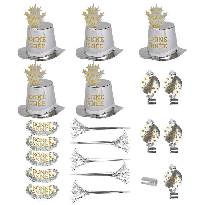 Silver Bonne Année Party Kit For10 Persons  5 Top Hats, 5 Crowns, 5 Sounding Trumpets, 5 Sounding Blow-Outs, 1 Roll Of 10 Decorative Streamers 