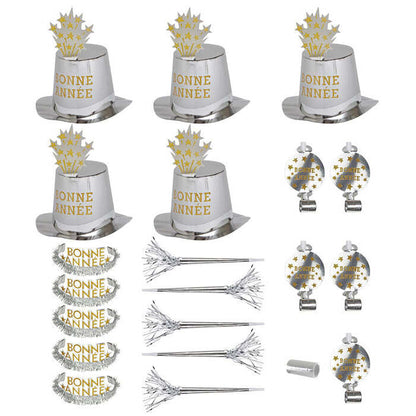 Silver Bonne Année Party Kit For10 Persons  5 Top Hats, 5 Crowns, 5 Sounding Trumpets, 5 Sounding Blow-Outs, 1 Roll Of 10 Decorative Streamers 