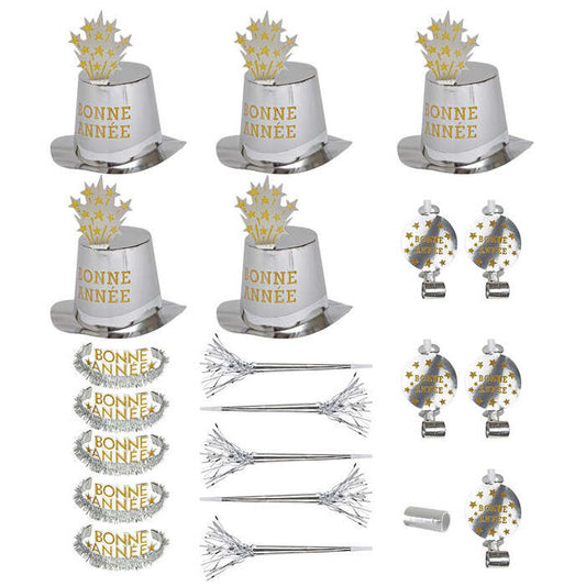 Silver Bonne Année Party Kit For10 Persons  5 Top Hats, 5 Crowns, 5 Sounding Trumpets, 5 Sounding Blow-Outs, 1 Roll Of 10 Decorative Streamers 