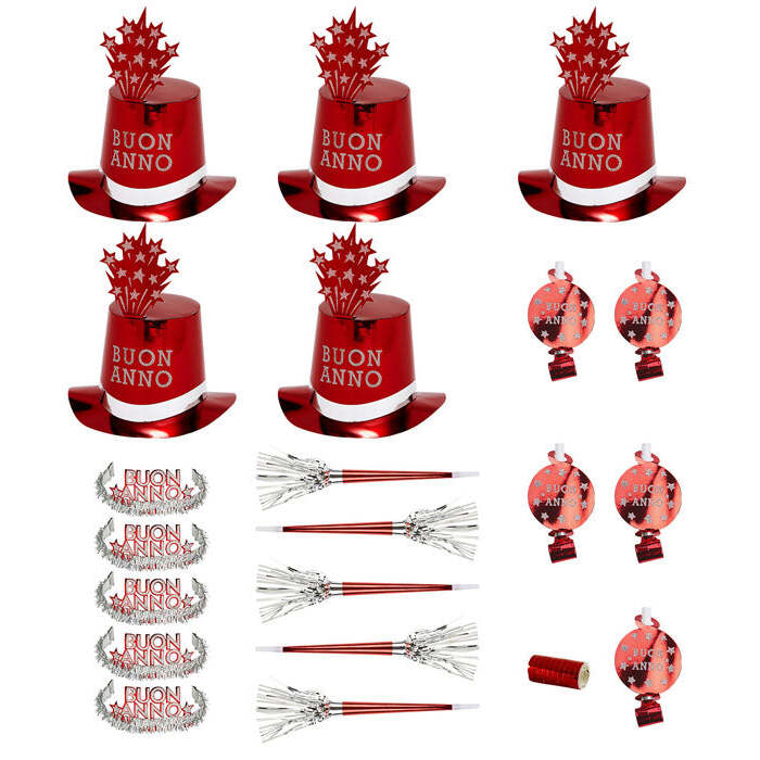 Red Buon Anno Party Kit For 10 Persons  5 Top Hats, 5 Crowns, 5 Sounding Trumpets, 5 Sounding Blow-Outs, 1 Roll Of 10 Decorative Streamers 