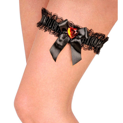 Black Garter With Bow & Red Gem Heart