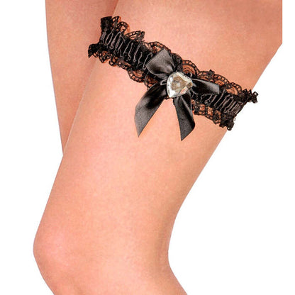Black Garter With Bow & Diamante Heart