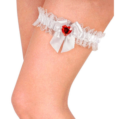 White Garter With Bow & Red Gem Heart