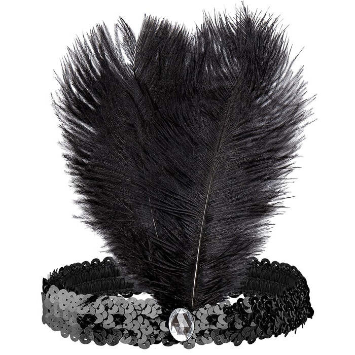 Headband The Roaring 20S Sequin With 2 Feathers & Gem Black